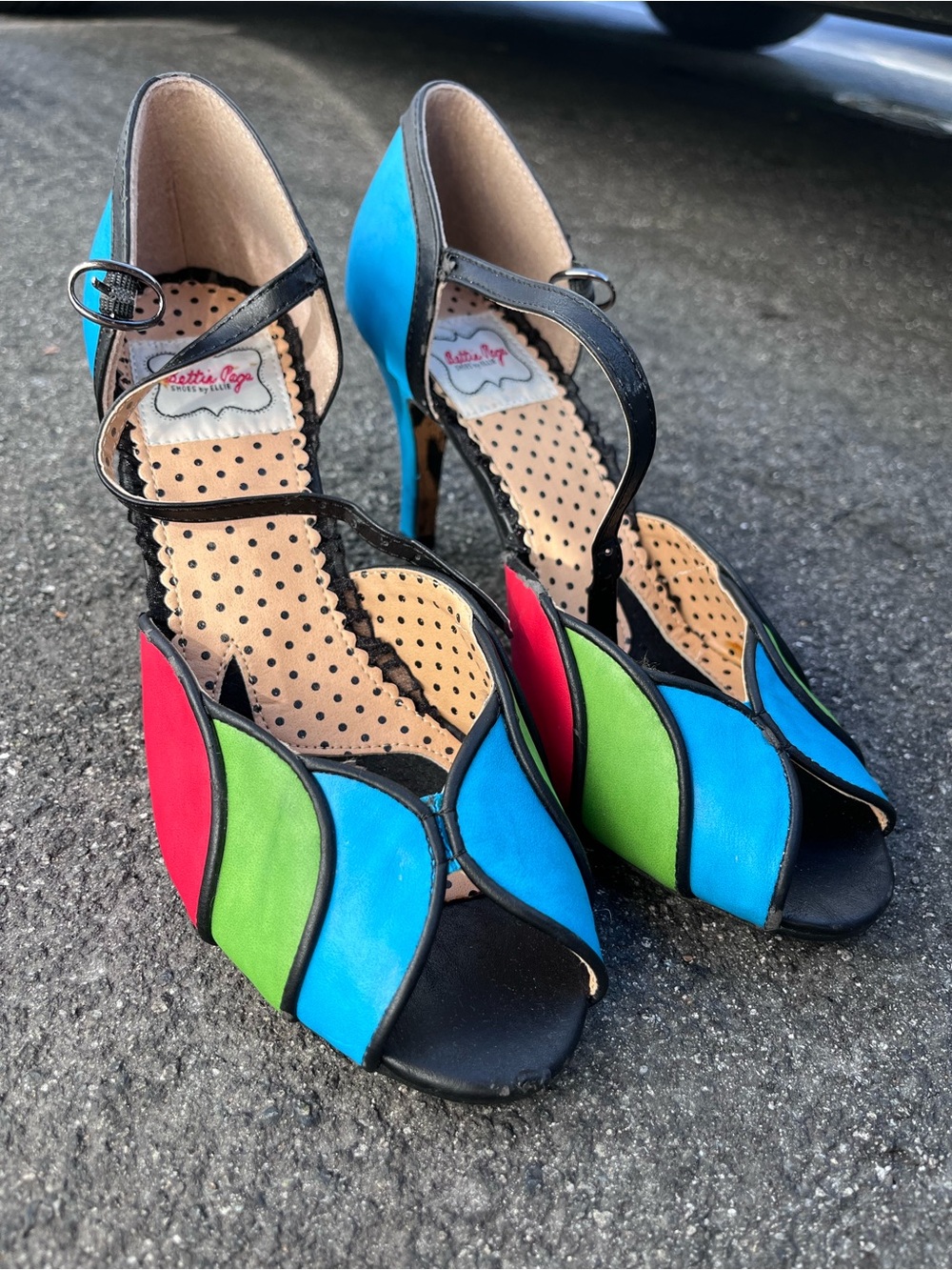 Bettie Page Colorblock Peep-Toe Ankle Strap Heels - Teal, Green & Red